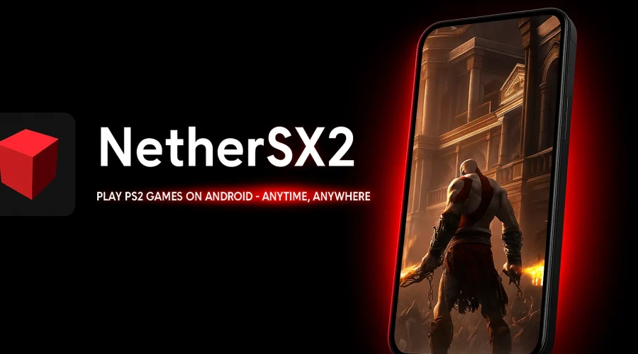NetherSX2 Android PS2 emulator displaying God of War gameplay on a smartphone with glowing red lighting – play PlayStation 2 games anytime, anywhere on Android.